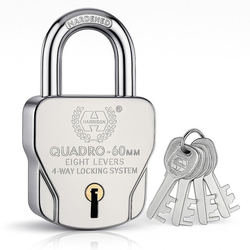 HARRISON Quadra-5561 60mm Lock | Stainless Steel | 4 Keys | Lock and Key | Door Lock Padlock(Chrome Plated)