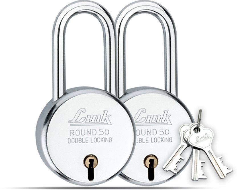 Link 50mmLSNew Round |Iron Lever|Double Lock|50K Key Combinations(Pack of 2) Padlock(Silver)