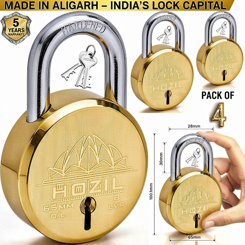 HOZIL 65MM Lotus Design | Hardened Shackle | Double Locking | 8 Levers (Pack of 4) Padlock(Gold)