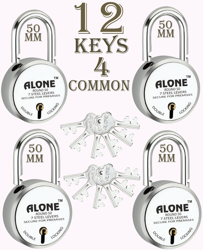 alone Round 50mm Lock for Home Gate Shop & Shutter, 12 Same Keys 4 Lock (pack 4) Padlock(Chrome)
