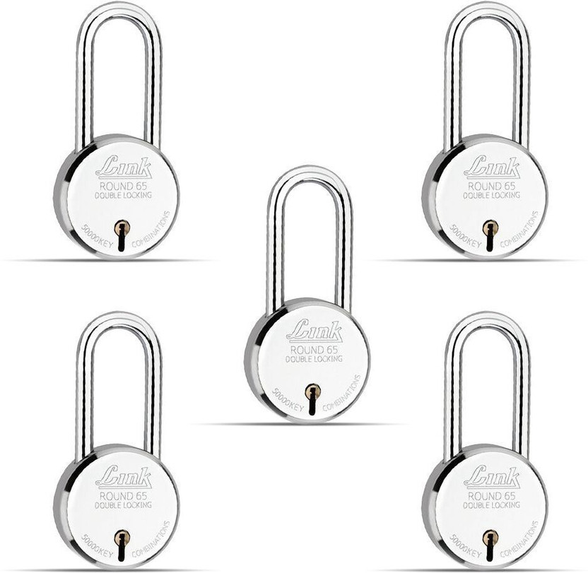 Link 65mmNew Round Long Shackle 5Pcs Set|Steel Body|Made in India Padlock(Silver)