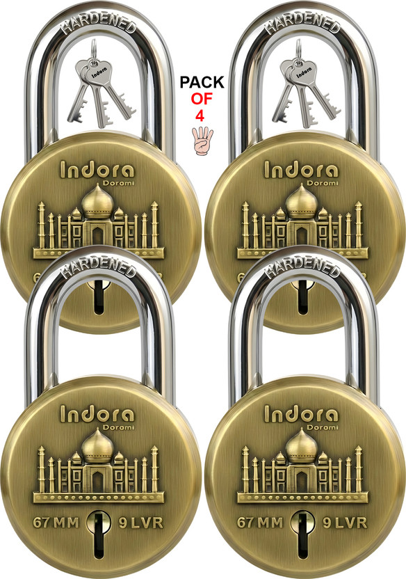 Indora Taj Round XL | Hardened Shackle | Dual Locking | 2.2 Tons (Pack of 4) Padlock(Gold)
