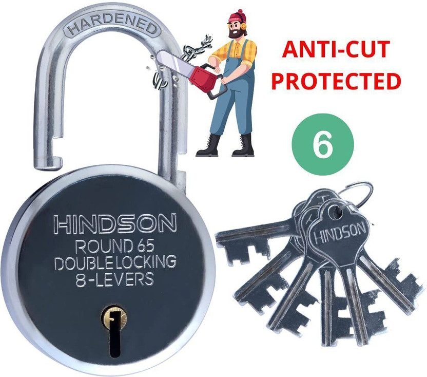 HINDSON Lock and key door lock for home gate shutter round 65mm 6 Key main Padlock(Silver)