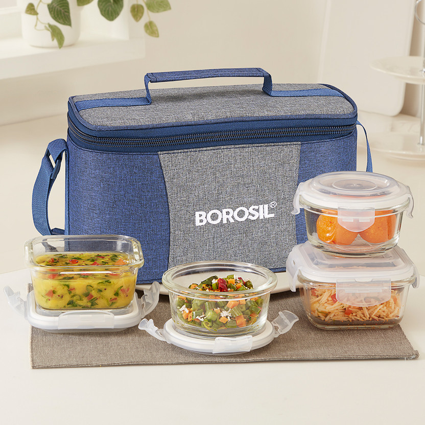 BOROSIL Alora Universal Glass Lunchbox, 4 pc Set (320 ml x 2 + 240 ml x 2) 4 Containers Glass Office Lunch Box(1120 ml)