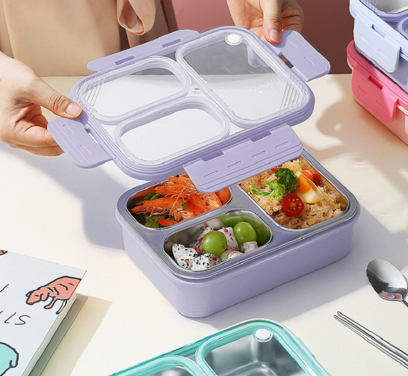 RBGIIT Rural Student Stainless Steel Lunch Box Leak Proof Food Tiffin Daily Use 3 Containers Stainless Steel Office Lunch Box(900 ml)