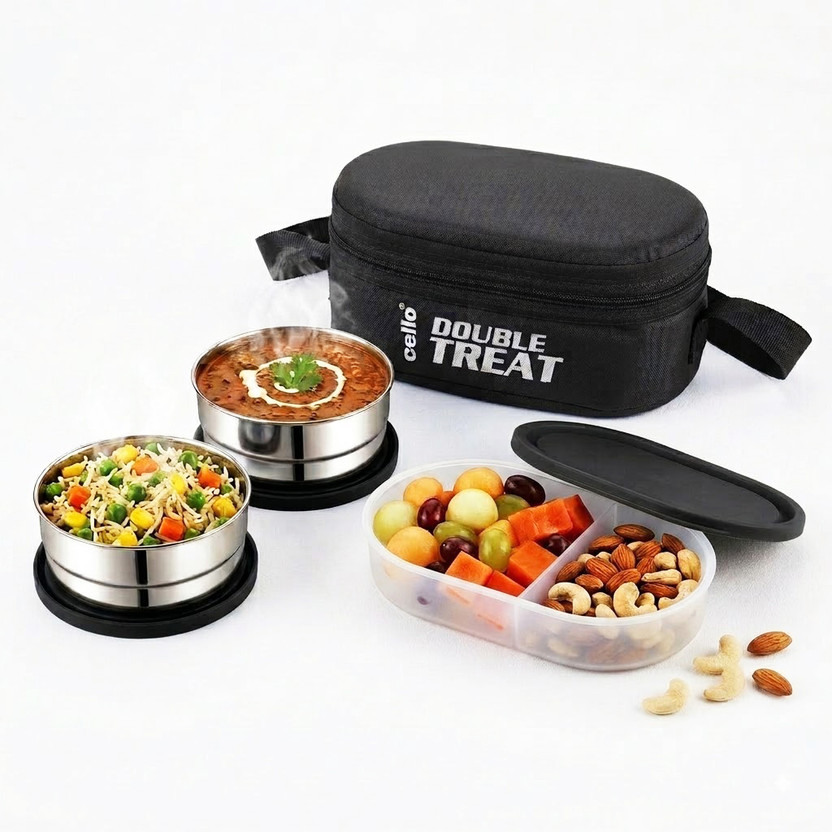 cello cello Double treat Lunch Box - 3 container 3 Containers Stainless Steel, Plastic Office Lunch Box(300 ml, Microwave Safe) - Flipkart Deal