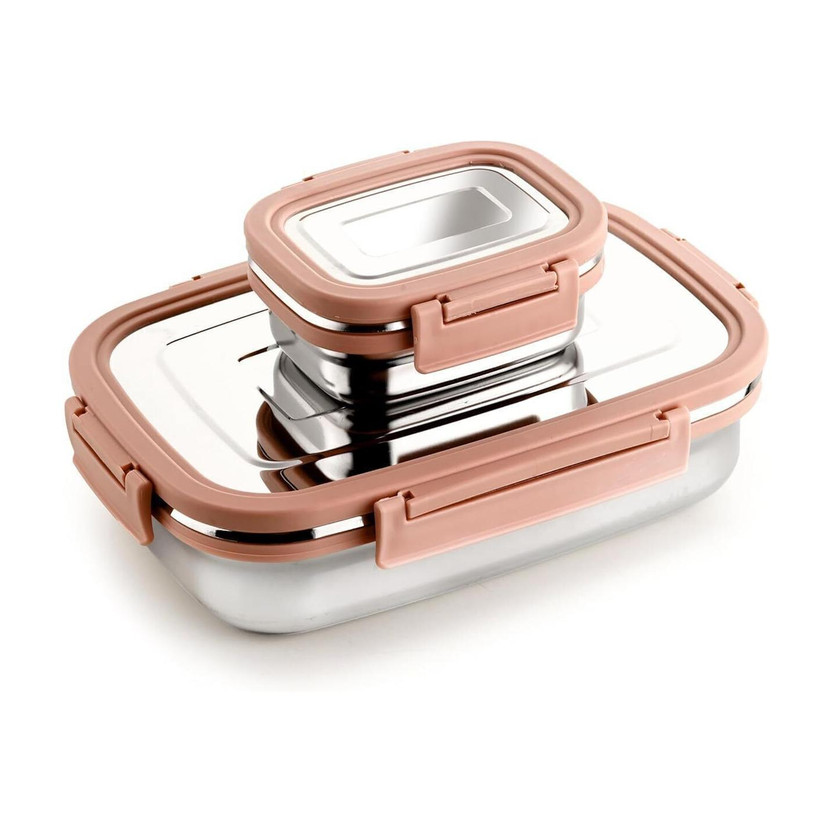 BLLUEX Craze Stainless Steel Tiffin Lunch Box Container/Dabba with 4 Side Clip Lock Lid 2 Containers Stainless Steel School Lunch Box(1000 ml)