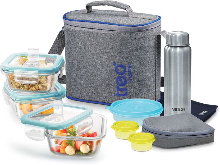 TREO All Fresh Premier Square 3 container,Bottle,2 Chutney Dabba,1 Salad Box & 1 Mat 8 Containers Glass Office Lunch Box(320 ml)