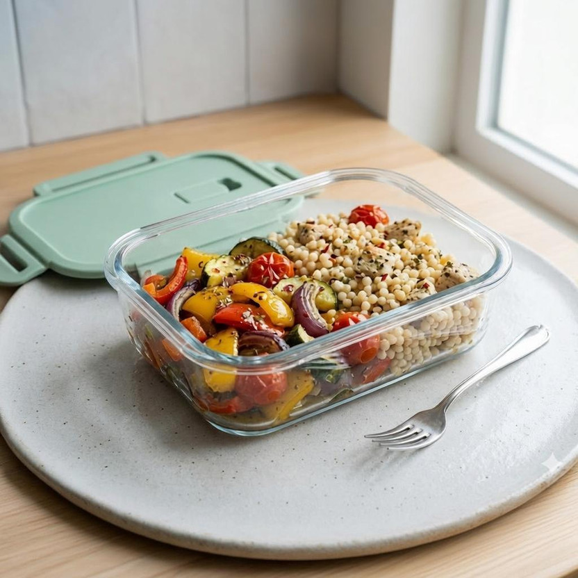 Aasaksh Premium Borosilicate Glass Lunch Box 600 ml | Airtight & Leakproof Lid 1 Containers Glass School Lunch Box(600 ml, Microwave Safe)