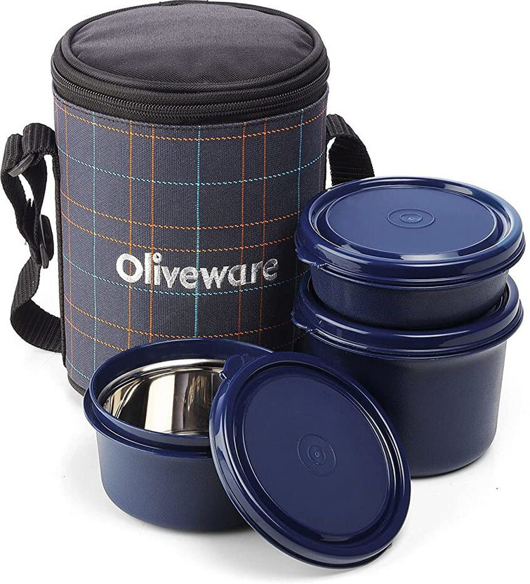 Oliveware New Mini Insulated Tiffin with 3 , Each, Orange 3 Containers Stainless Steel Office Lunch Box(1350 ml, Microwave Safe)