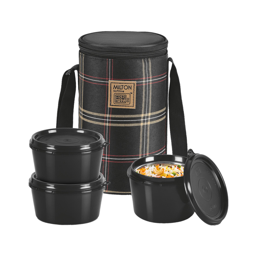 MILTON (3 Containers, 1 X 320 ml, 2 X 450 ml each) With Jacket, Black 3 Containers Plastic Office Lunch Box(450 ml)