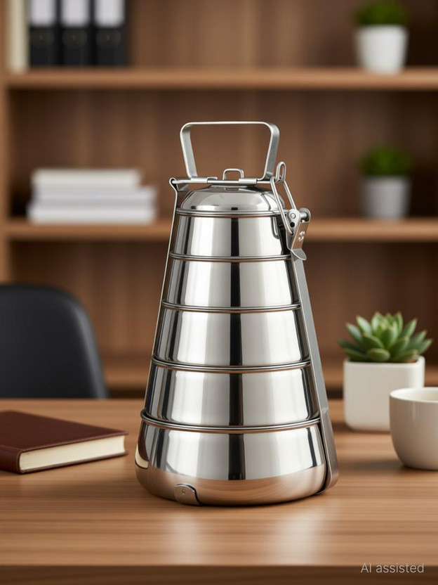 Heavy Stainless Steel Pyramid Shape Lunch Box 5 container Food Pack Clip Tiffin 5 Tier 5 Containers Stainless Steel Office Lunch Box(2000 ml)