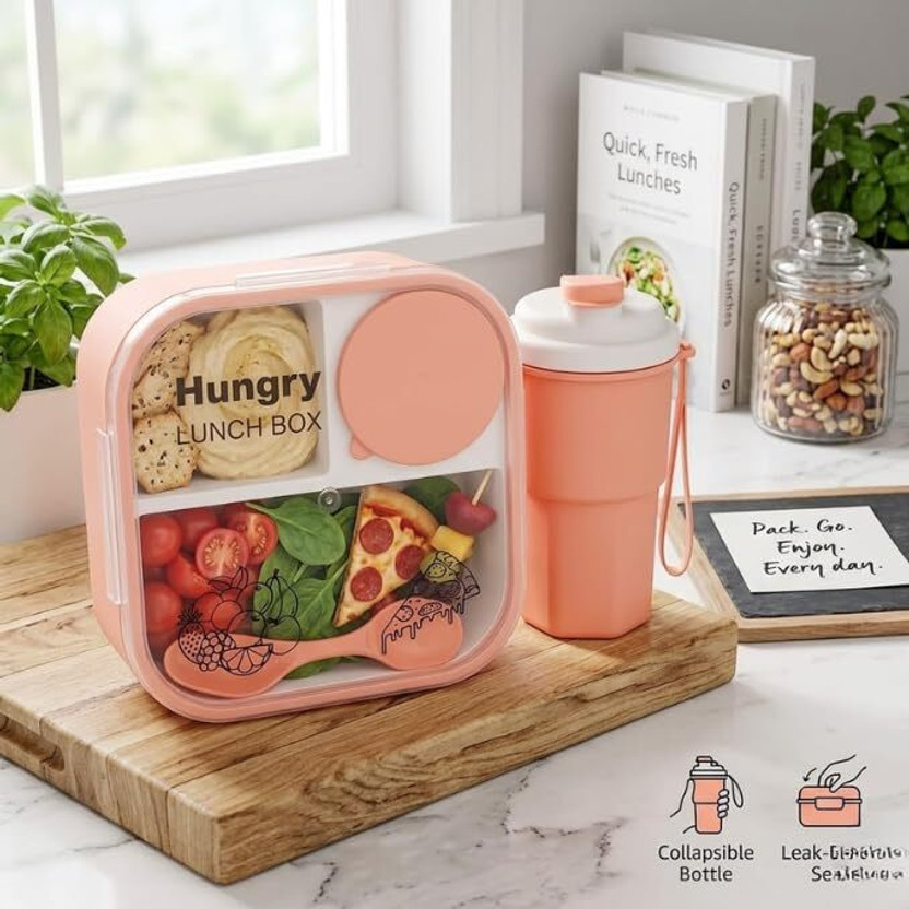 Nurah Lunch Box and Water Bottle Set BPA Free Plastic Tiffin Box for School and Office 2 Containers Plastic School Lunch Box(1200 ml)