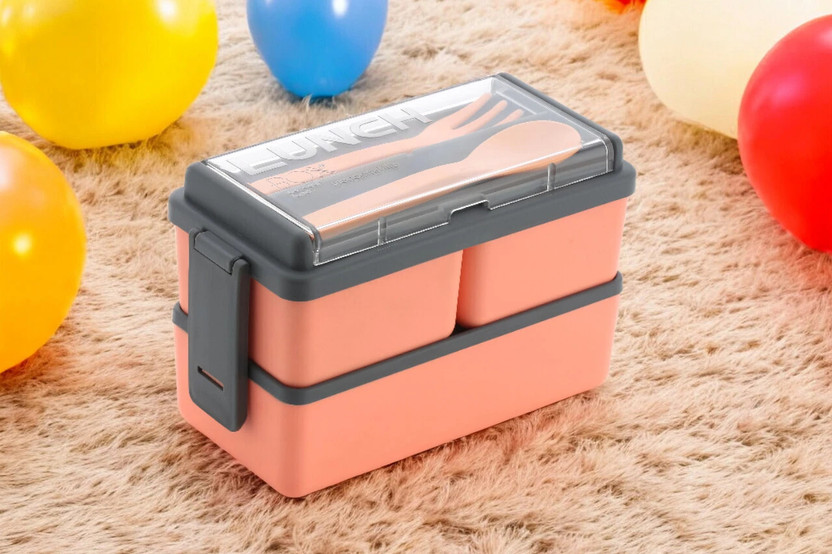 OMORTEX Rectangular Classy 3 Section Lunch Box With 1 Spoon & 1 Fork 3 Containers Plastic Office Lunch Box(1500 ml)