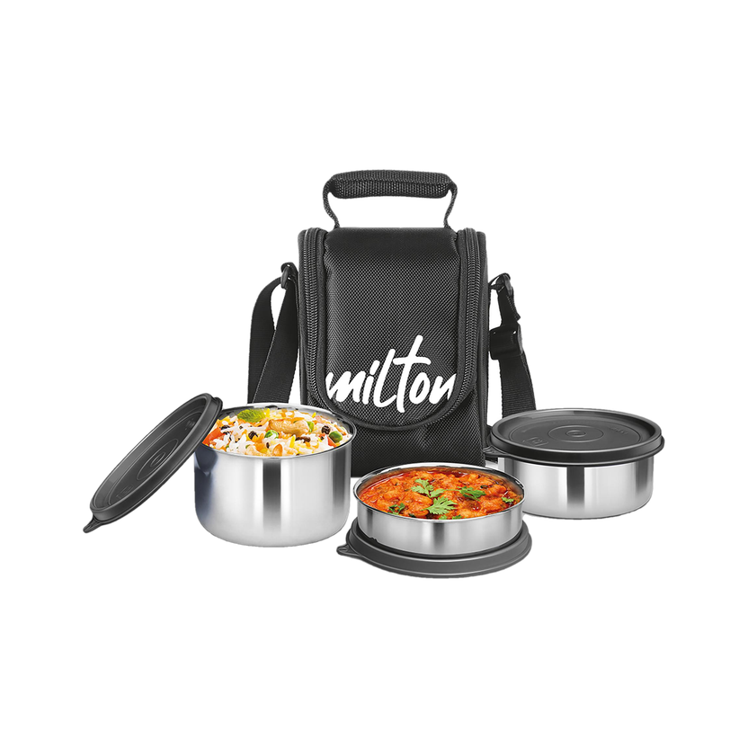 MILTON Tasty 3 Stainless Steel, Black,(500ml,200ml,320ml) 3 Containers Stainless Steel Office Lunch Box(1050 ml)