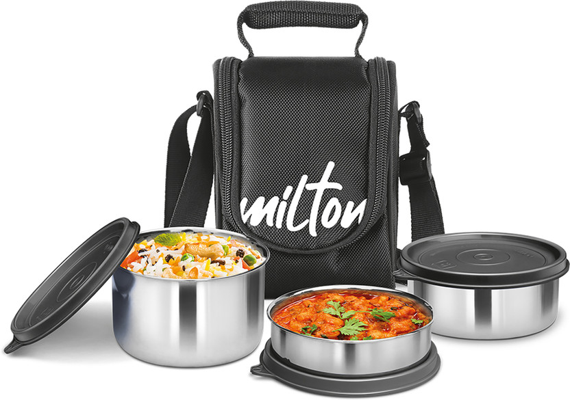 MILTON Tasty 3 Stainless Steel, Black,(500ml,200ml,320ml) 3 Containers Stainless Steel Office Lunch Box(1050 ml)