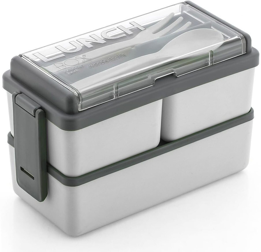 DDecora Compartment Grey Color with Spoon and Fork Office School 3 Containers Plastic School Lunch Box(1500 ml)