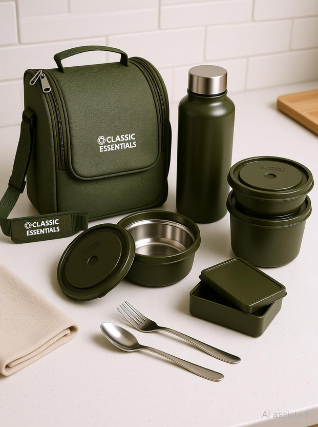 Classic Essentials Supreme Microwave Safe Set of 5 with Bottle|Bag & Cutlery 5 Containers Stainless Steel Office Lunch Box(1250 ml)