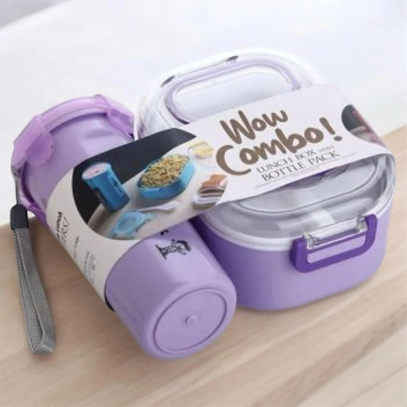 Qaswa Combo Lunch Box Set with Airtight Tiffin Box & Leakproof Bottle for Kids(Purple) 3 Containers Plastic School Lunch Box(800 ml)