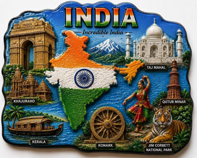 HOMBLI wood Fridge Magnet, India Map, Taj Mahal, India Gate, Qutub Minar & Kerala House Fridge Magnet, Multipurpose Office Magnets Pack of 1(Multicolor)