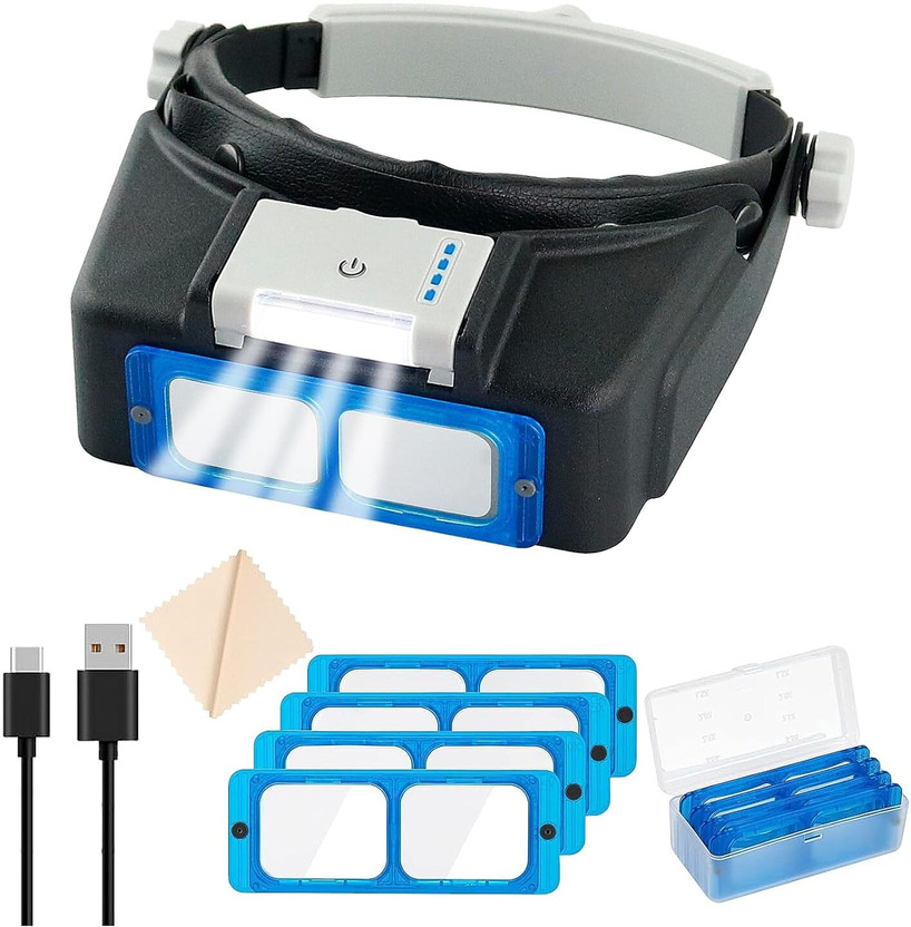 s r enterprise Magnifier with Light, Rechargeable Magnifying Glasses for Close Work 1.5X - 3.5X Magnifying Headset with 4 Lenses Headband Magnifier(Black)