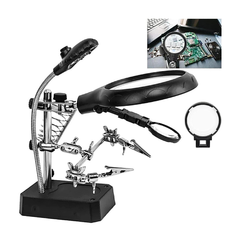 uptodatetools Hands Magnifier Soldering Station 2.5X/7.5X/10X Desktop Magnifying Glass Helping Hands Auxiliary Clamp Alligator Clips Stand Repair Tool 90 MM Magnifier(silver black)