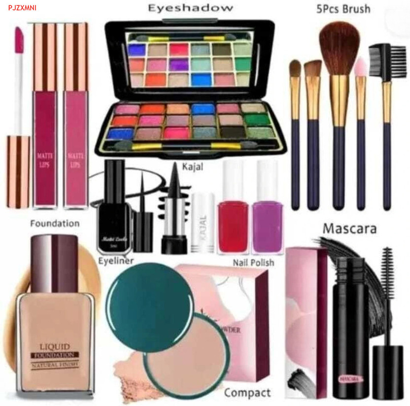 PJZXMNI Waterproof Mekup Kit Full Set With Eyeliner Mascara And 5pc Brush Set(Pack of 15)