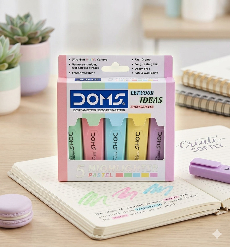 DOMS Pastel 5 Shades Hi-lighter Pouch Pack | Flexible Line Width | Quick Drying(Set of 5, Multicolor)