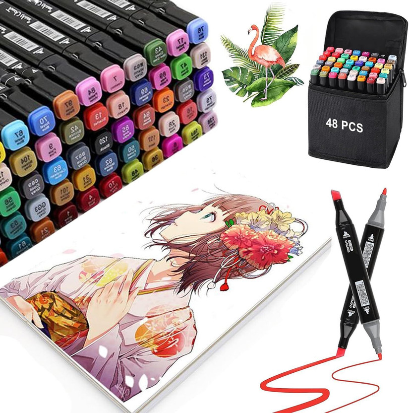 FEXMY Art Markers 48 Colours with Carrying Case for Painting Sketching(Set of 48, Multicolor)