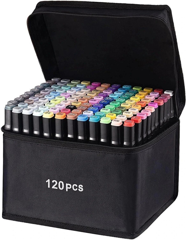 Trendegic Alcohol Based Dual Head Broad and Fine Tip Marker Drawing Pen with Pouch(Set of 120, Multicolor)