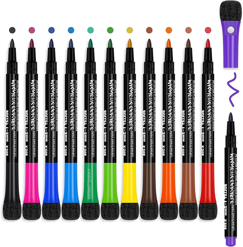 NIRMATSARAY 12pcs White Board Magnetic Markers Erasable White Board Pens Colour(Set of 12, Multicolor)