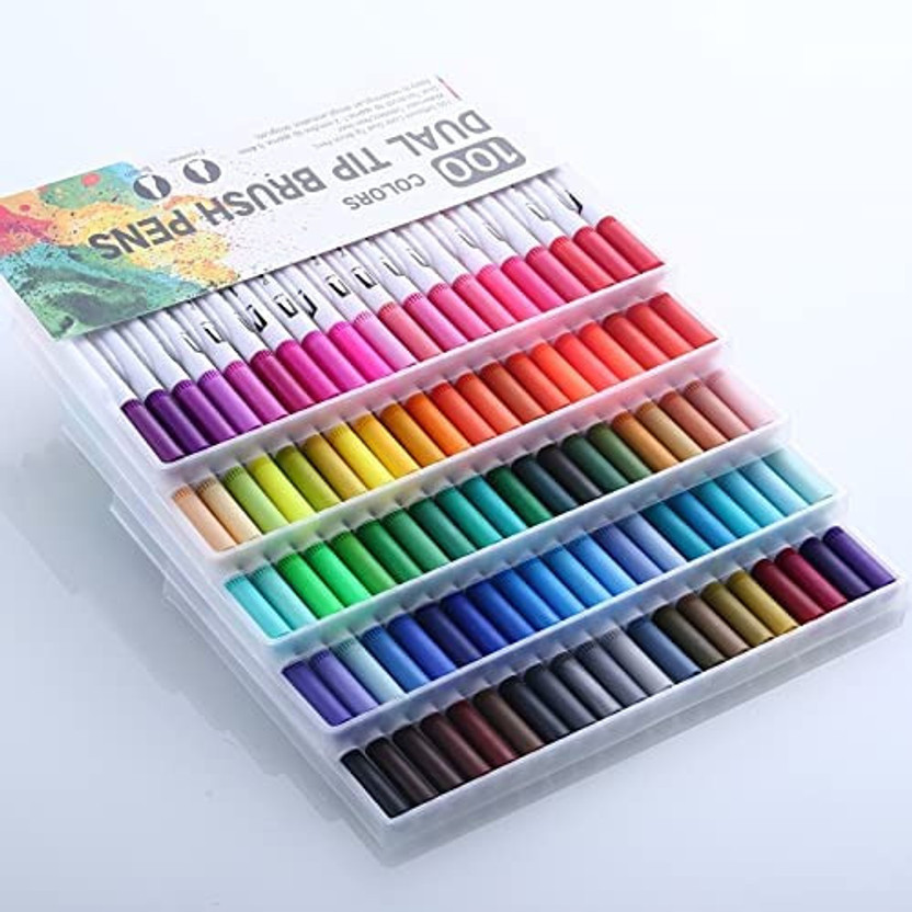 BM RETAIL 100 Pcs Dual Tip Brush Marker Pens Fine Tip Markers & Brush Highlighter Pen(Set of 100, Multicolor)