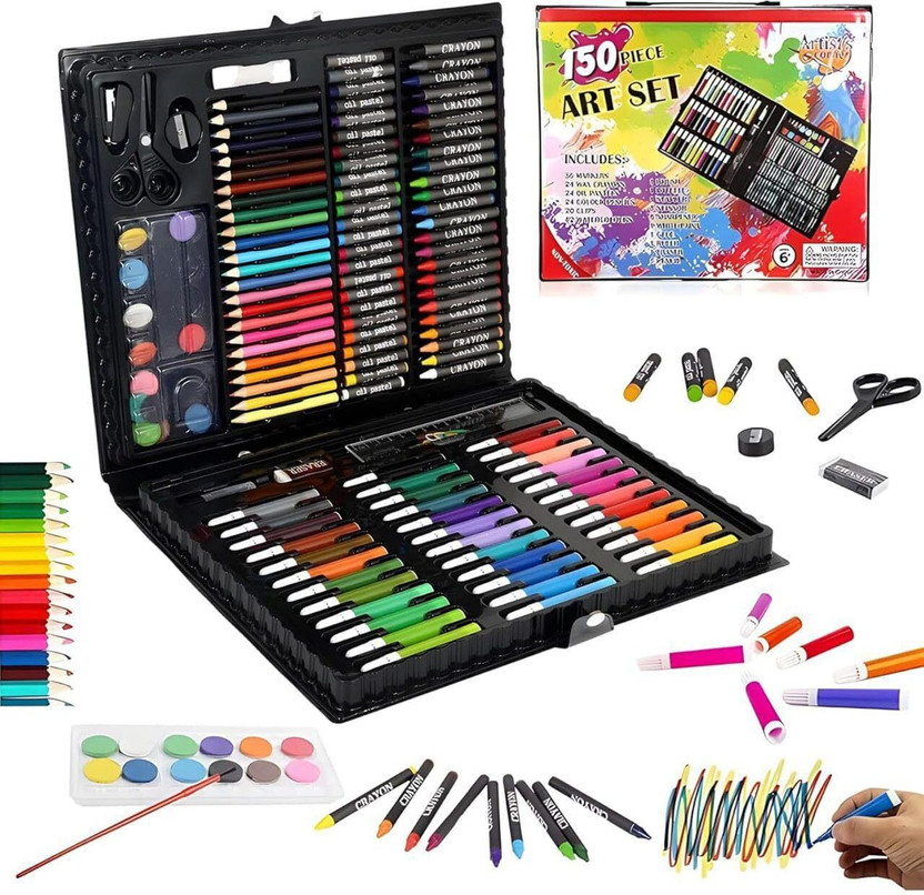 GLOSITTA 150 Piece Art Set for Kids with Carry Case Drawing & Painting Kit Watercolors