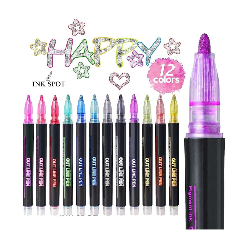 Ink spot 12 Pc Metallic Double Line Outline Markers Glitter Pen Set(Set of 12, Multicolor)