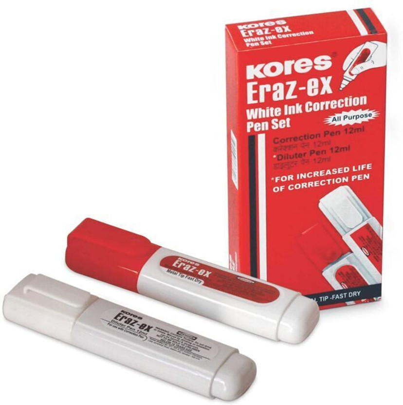 SUNRISE TRADING Kores Eraz ex 12 ml 7 mm Correction Pen with Diluter(Set of 2, White, Red)