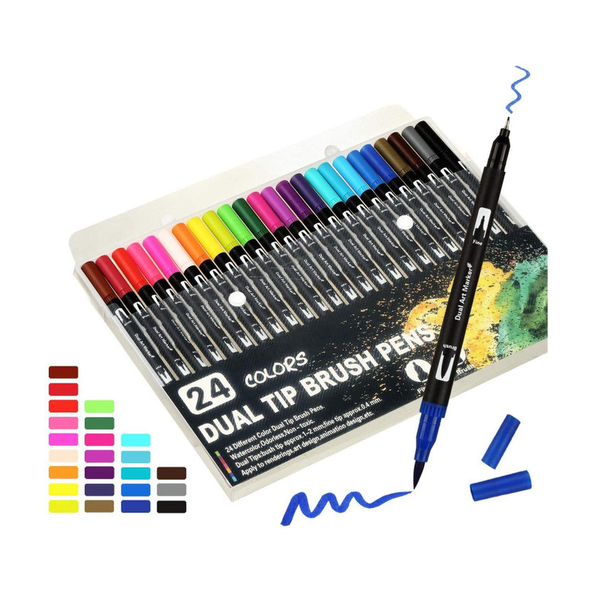 izone 24 Dual Tip Art Brush Pens 24-Pack, Brush Tips and Fine Point Art Marker Colored Set, Good for Journal, Calligraphy, Planner, Coloring Book(Set of 24, Multicolor)