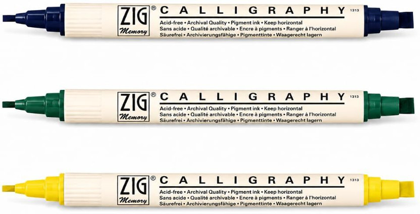 Zig Zig Calligraphy Dual Tip Marker 2mm & 5mm for Calligraphy, Lettering & Art Work(Set of 3, NAVY, Green, Yellow) - Flipkart Deal