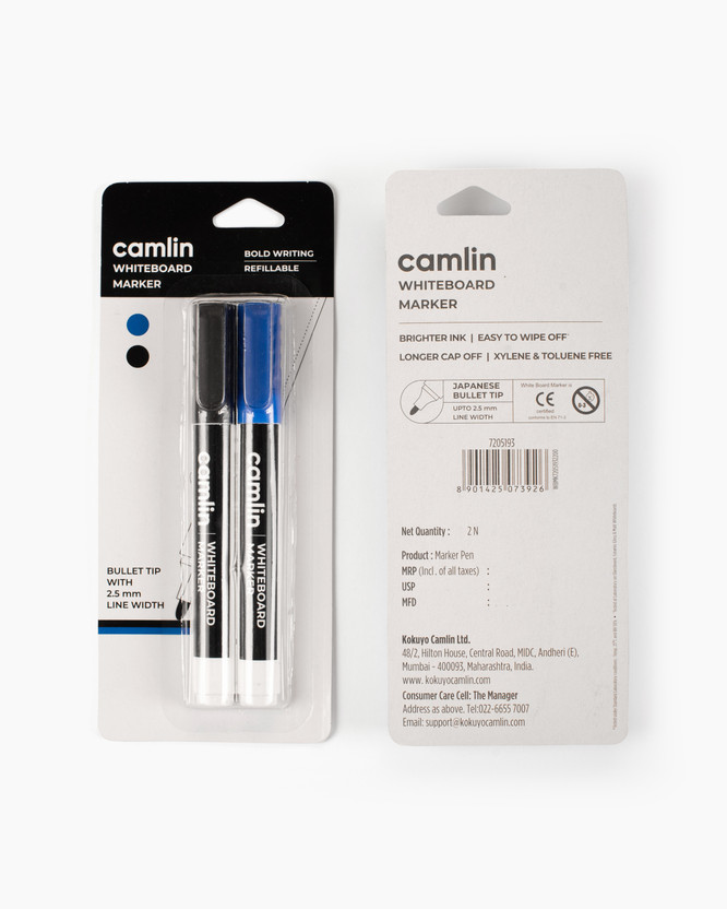 Camlin Whiteboard Marker - Pack of 2 Colors (Black, Blue)(Set of 2, Blue,Black)
