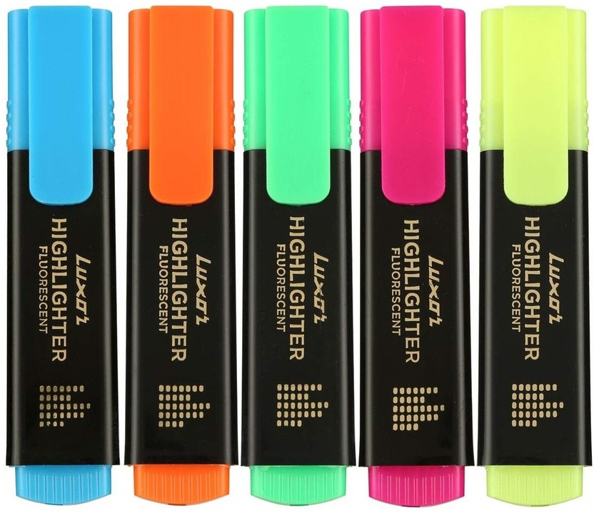 LUXOR Highlighter(Set of 5, Yellow, Orange, Green, Pink, Blue)