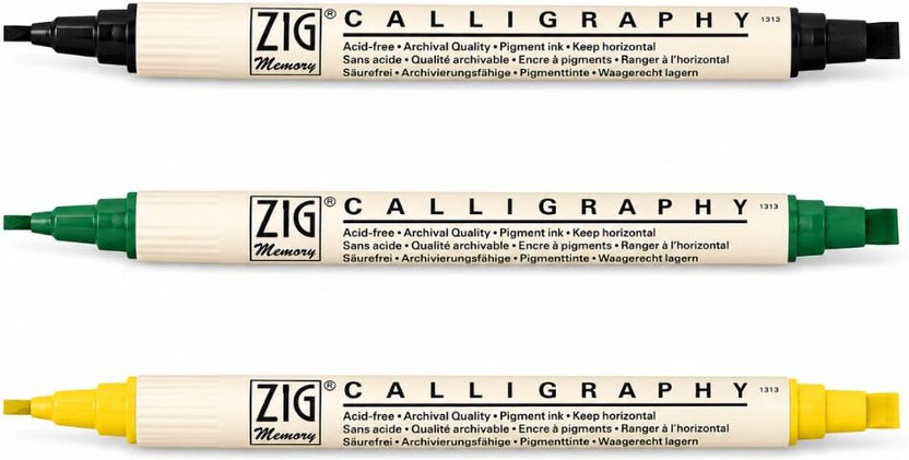 Zig Zig Calligraphy Dual Tip Marker 2mm & 5mm for Calligraphy, Lettering & Art Work(Set of 3, Black, Green, Yellow) - Flipkart Deal
