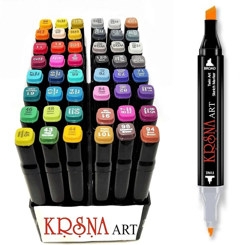 KRSNA ART Set of 48 Twin Headed Dual Tip Alcohol Based Markers (Chisel and Fine Brush) Markers for Coloring, Illustration, Manga, Impression, Good for Art Lovers and Artists(Set of 48, Multicolor)