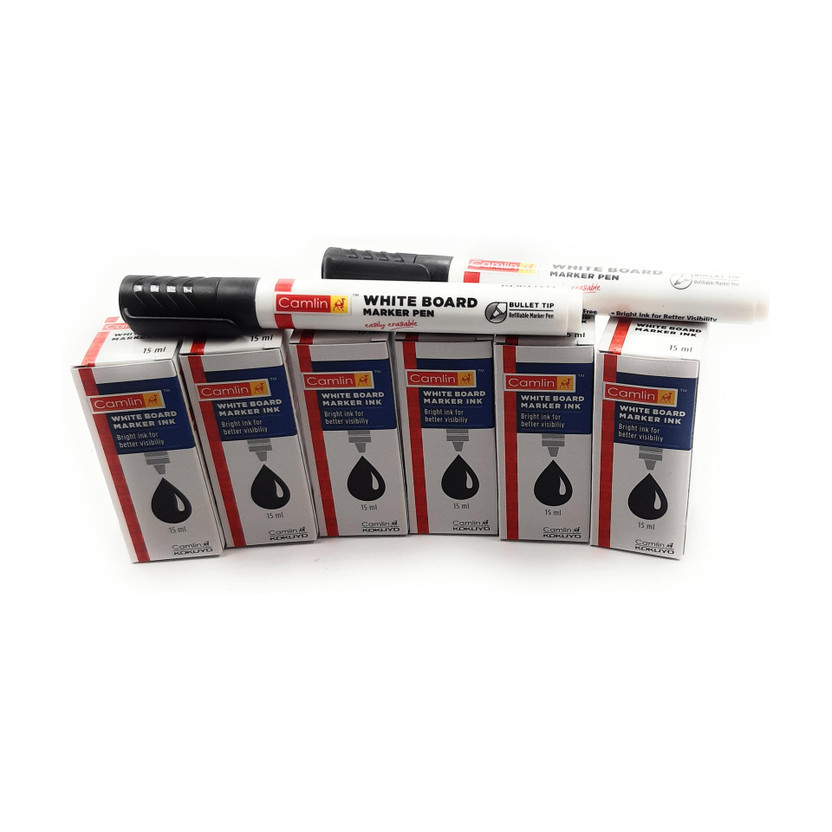Kokuyo Camlin CAMLIN WHITE BOARD MARKER INK BLACK (SET OF 6) WITH 2 BLACK MARKER(Set of 6, Black)