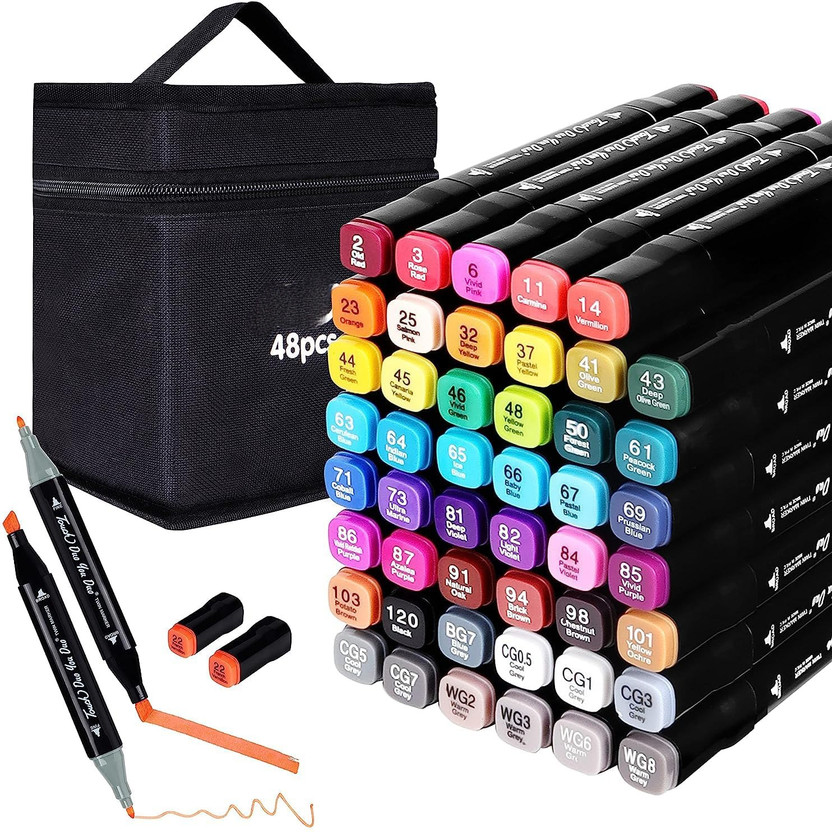 Dizaa Dual Tip Permanent Art Markers with Carrying Case for Painting,Drawing,Sketching(Set of 48, Multicolor)