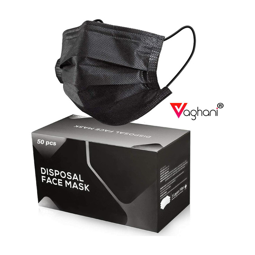 Vaghani 50Pcs Black Polluation Mask Meltblown Mask With Nose Pin 3 Ply Polluation Mask 50 Pcs ( Black )( 75 Gsm )( Best Quality ) Surgical Mask With Melt Blown Fabric Layer(Black, Free Size, Pack of 50, 3 Ply)