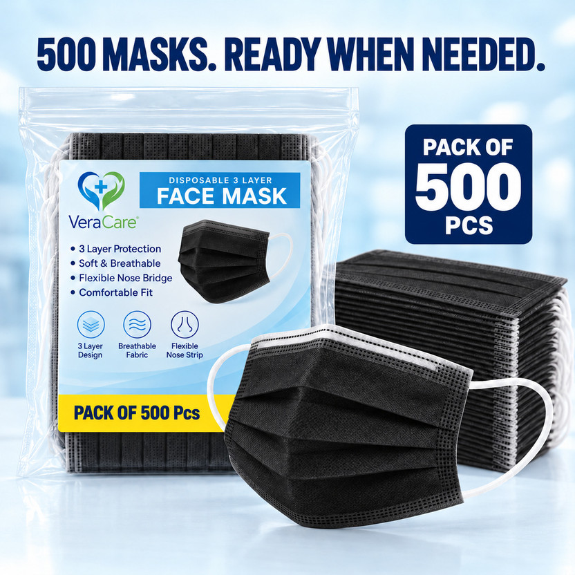 veracare 3 Layer Black Face Mask Bulk Pack – Comfortable Daily Wear Non-Washable, Non-Reusable Surgical Mask With Melt Blown Fabric Layer(Black, Free Size, Pack of 500, 3 Ply)