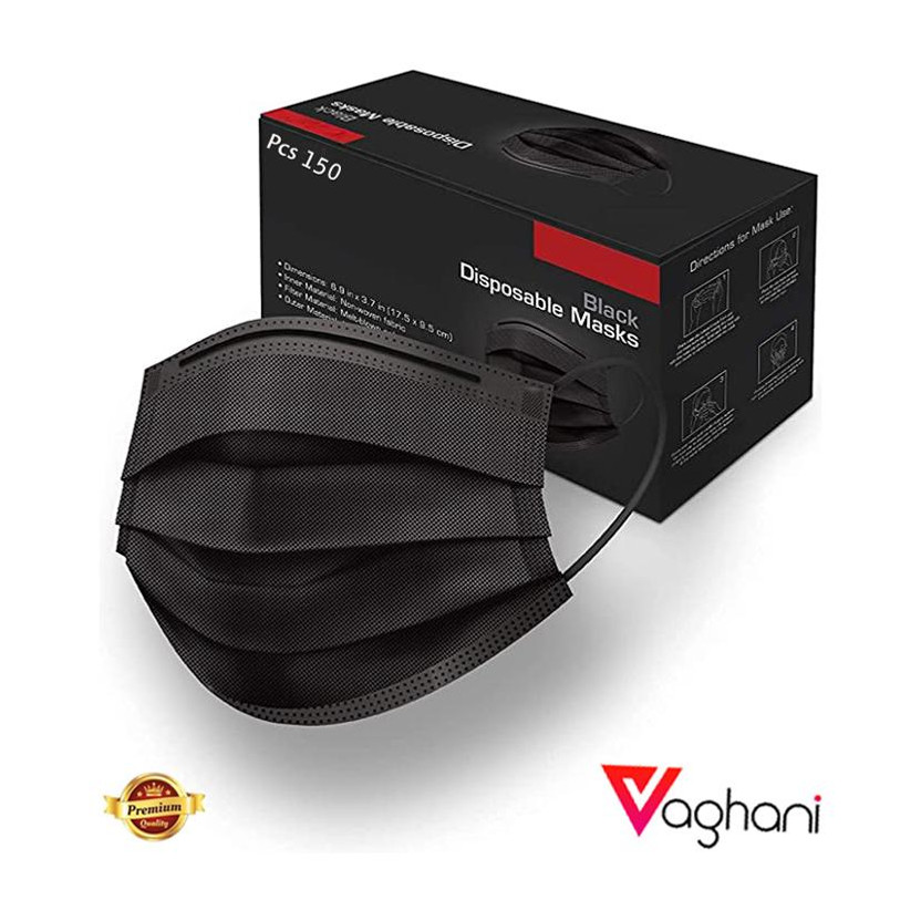 Vaghani 150 PcsBlack Nose Pin Meltblown Iso Mark Pharmaceutical Primium Quality Mask 3 Ply Polluation Melt Blown Mask 150 Pcs ( Black )( 75 Gsm ) Surgical Mask With Melt Blown Fabric Layer(Black, Free Size, Pack of 150, 3 Ply)