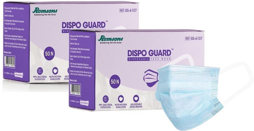 Romsons Dispo Guard 3 Ply Disposable Mask With Softest Non-Woven Fabric (2 Pack) 100 Pcs Surgical Mask With Melt Blown Fabric Layer(Blue, Free Size, Pack of 100, 3 Ply)