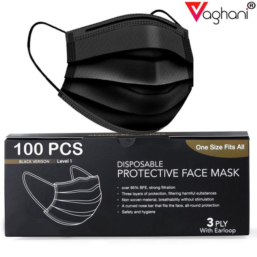 Vaghani 100 Black Mask With Pin Iso Mark 3 Ply Pharmaceutical Surgical Pollution 3 Ply ( With Nose Pin ) Surgical Mask With Melt Blown Fabric Layer(Black, Free Size, Pack of 100, 3 Ply)