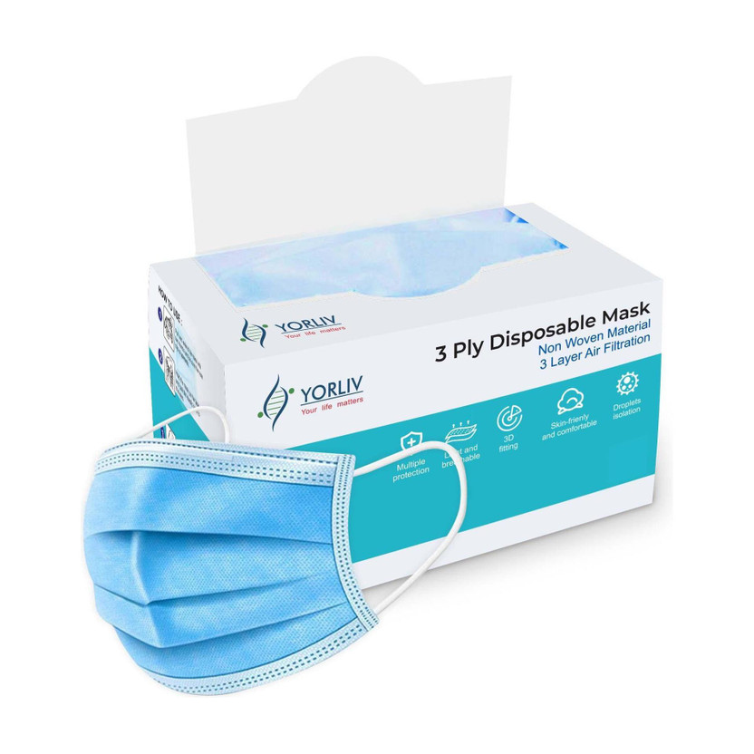 YORLIV With Nose Clip, Soft Ear loops for Men Women Kids 3 Ply Mask,100 Pcs. Water Resistant Surgical Mask(Blue, Free Size, Pack of 100, 3 Ply)