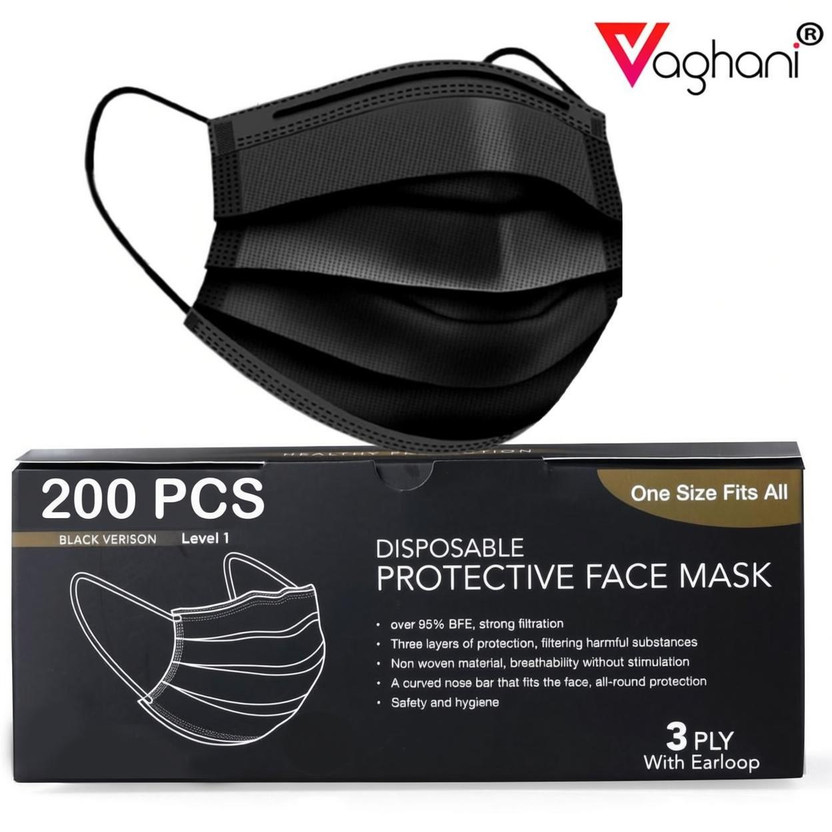 Vaghani 200 Black Units With Nose Pin Disposable Iso Mark 3 Ply Pharmaceutical Breathable Surgical Pollution Face Mask Respirator with 3 Layer For Men, Women, Kids 3 Ply Surgical Mask (200 Piece) ( With Nose Pin )( Black ) Surgical Mask With Melt Blown Fabric Layer(Black, Free Size, Pack of 200, 3 P
